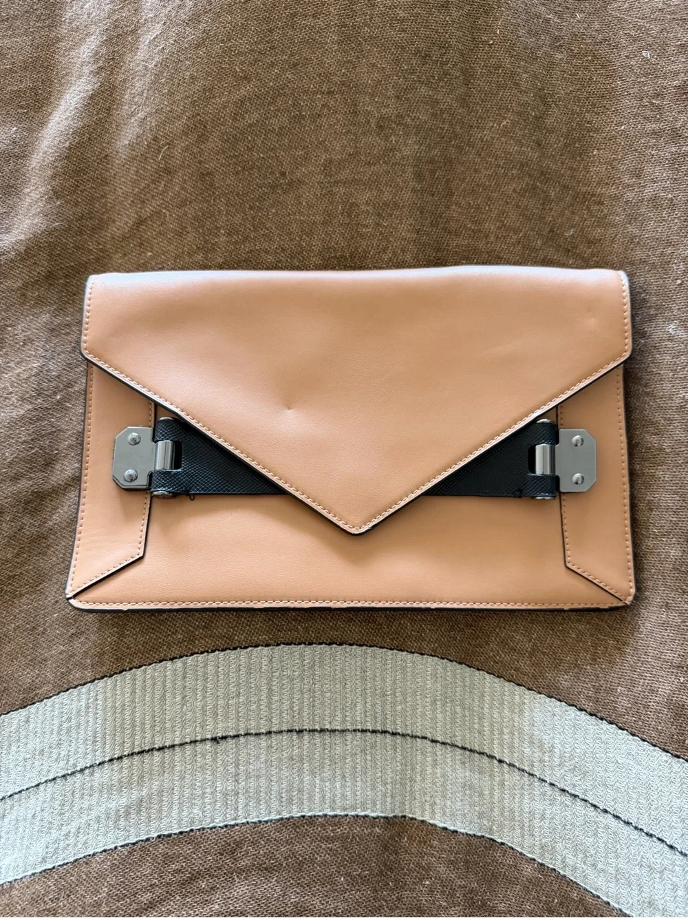 BCBGMaxAzria Nude Tan Envelope Clutch with Metal Accents